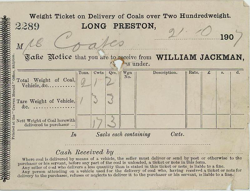 Coal bill  1907.jpg - Coal Bill to Mrs Coates from William Jackman - Coal Merchant  - 21/10/1907